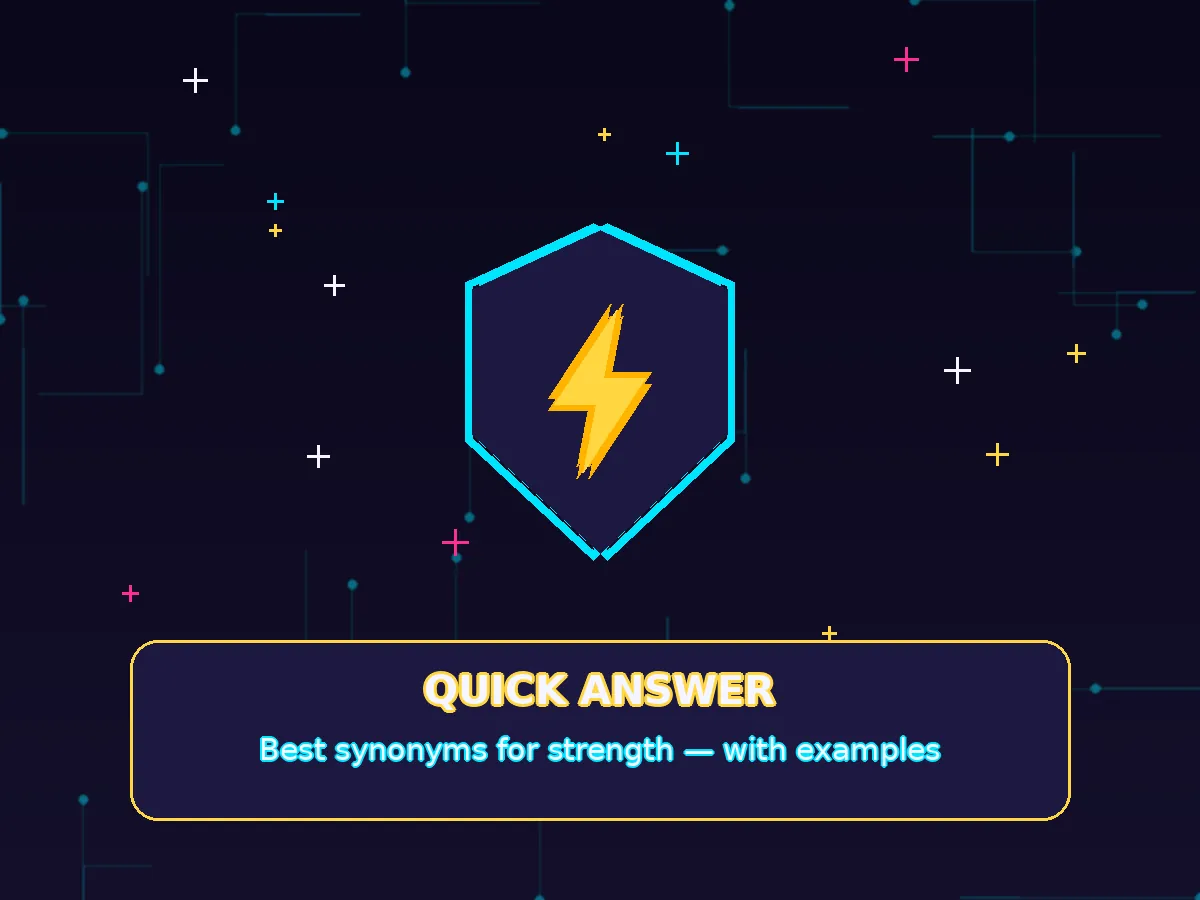 Quick answer card showing the best strength synonyms: power, might, grit, and resilience