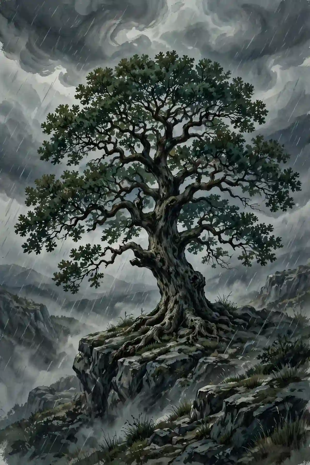 Strong synonyms illustrated - sturdy oak tree standing firm in a storm
