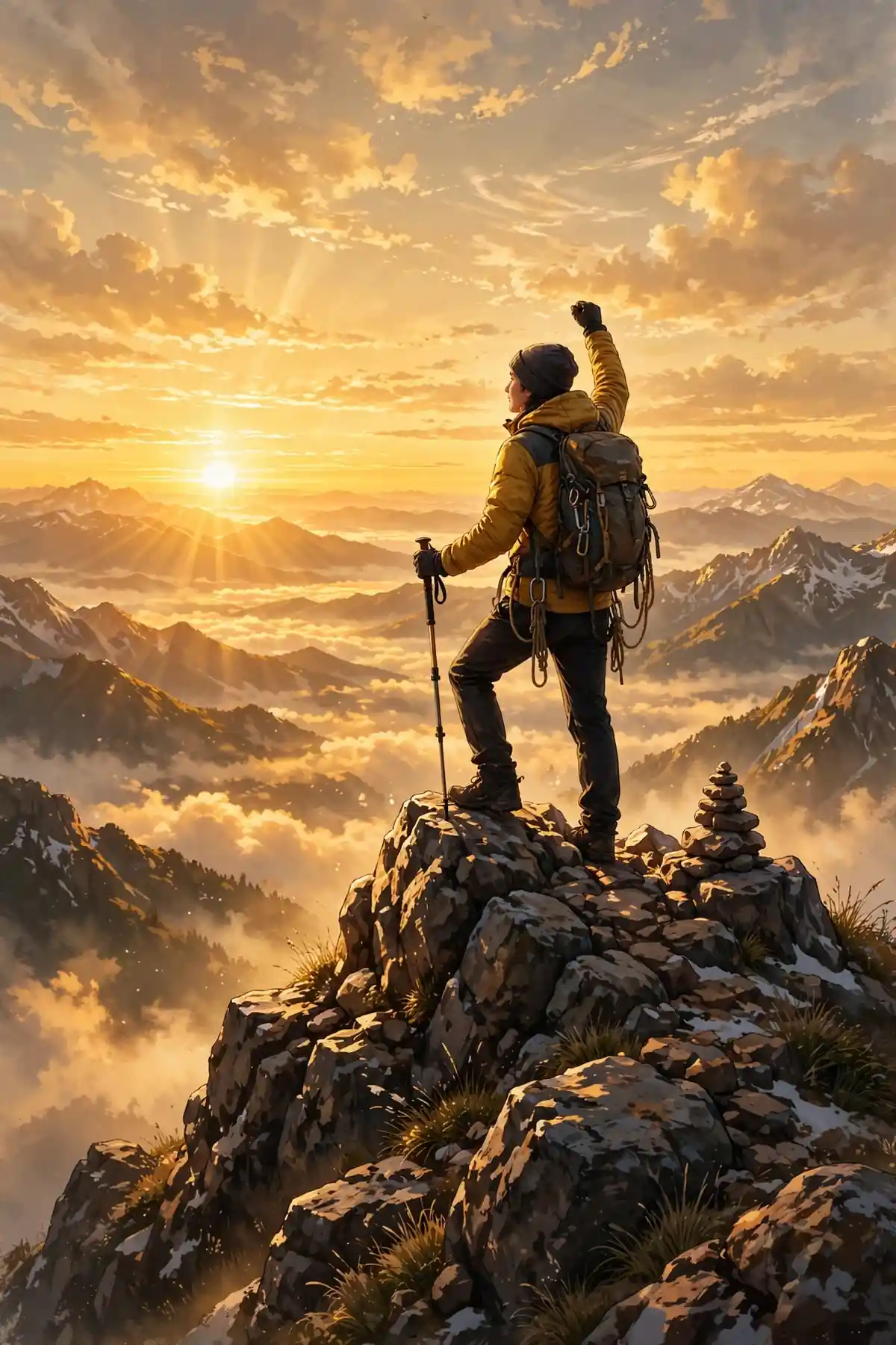 Practice using strong synonyms - climber reaching mountain summit at sunrise