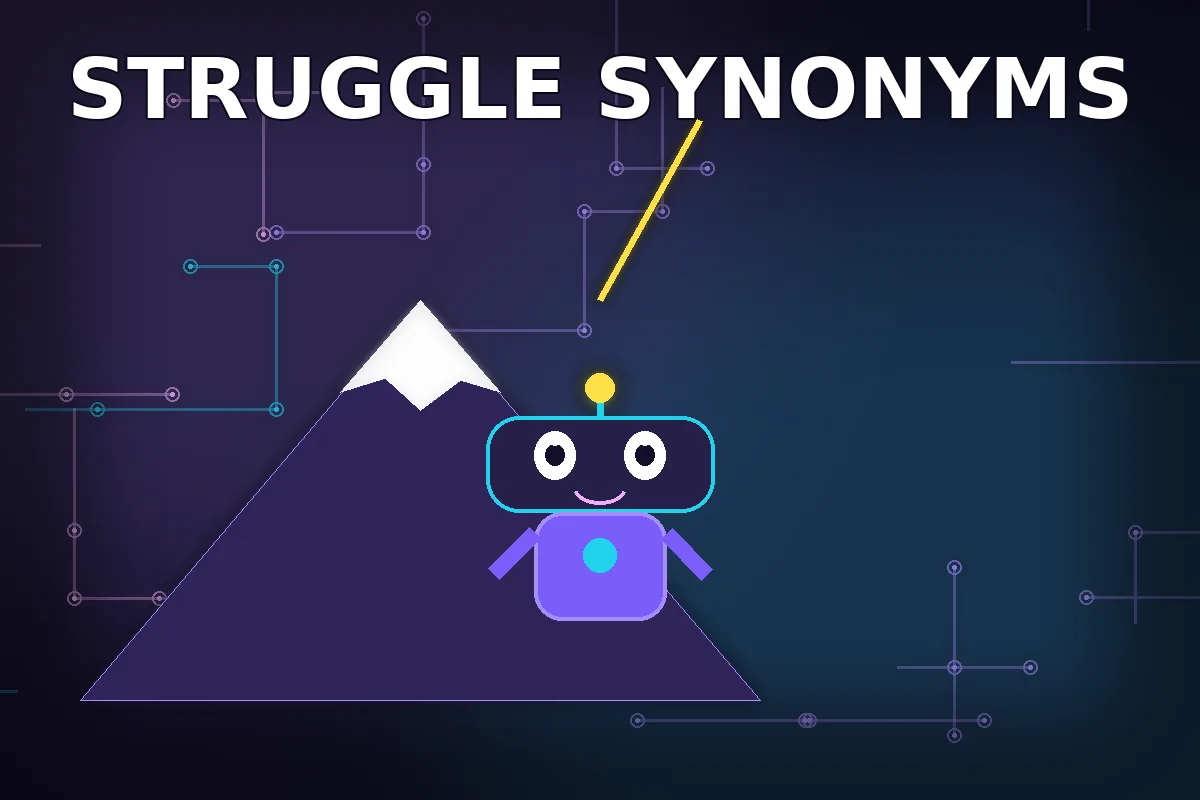 Struggle synonyms — cute robot climbing a glowing neon mountain on dark navy background