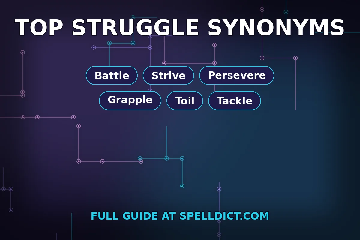 Struggle synonyms — neon illustration of a robot pushing a glowing boulder uphill