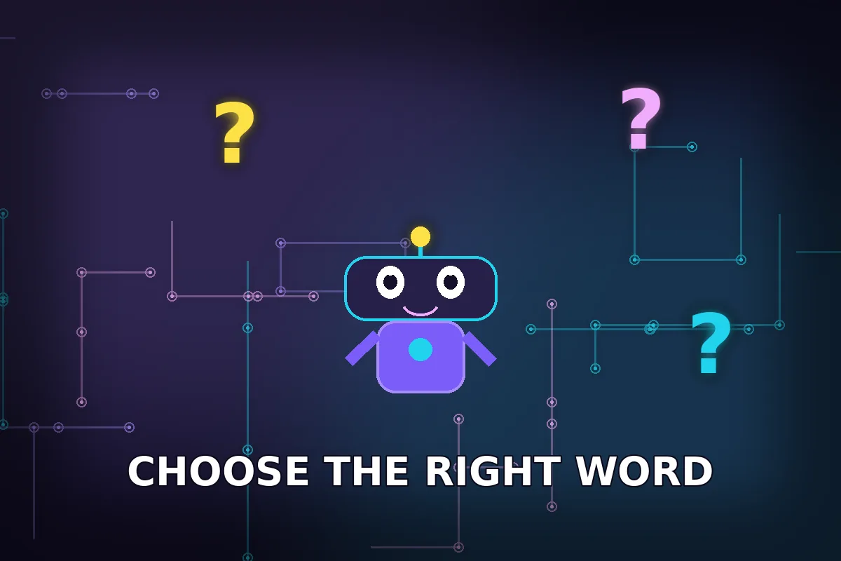 Struggle synonyms — cute robot with a lantern choosing the right word at a crossroads