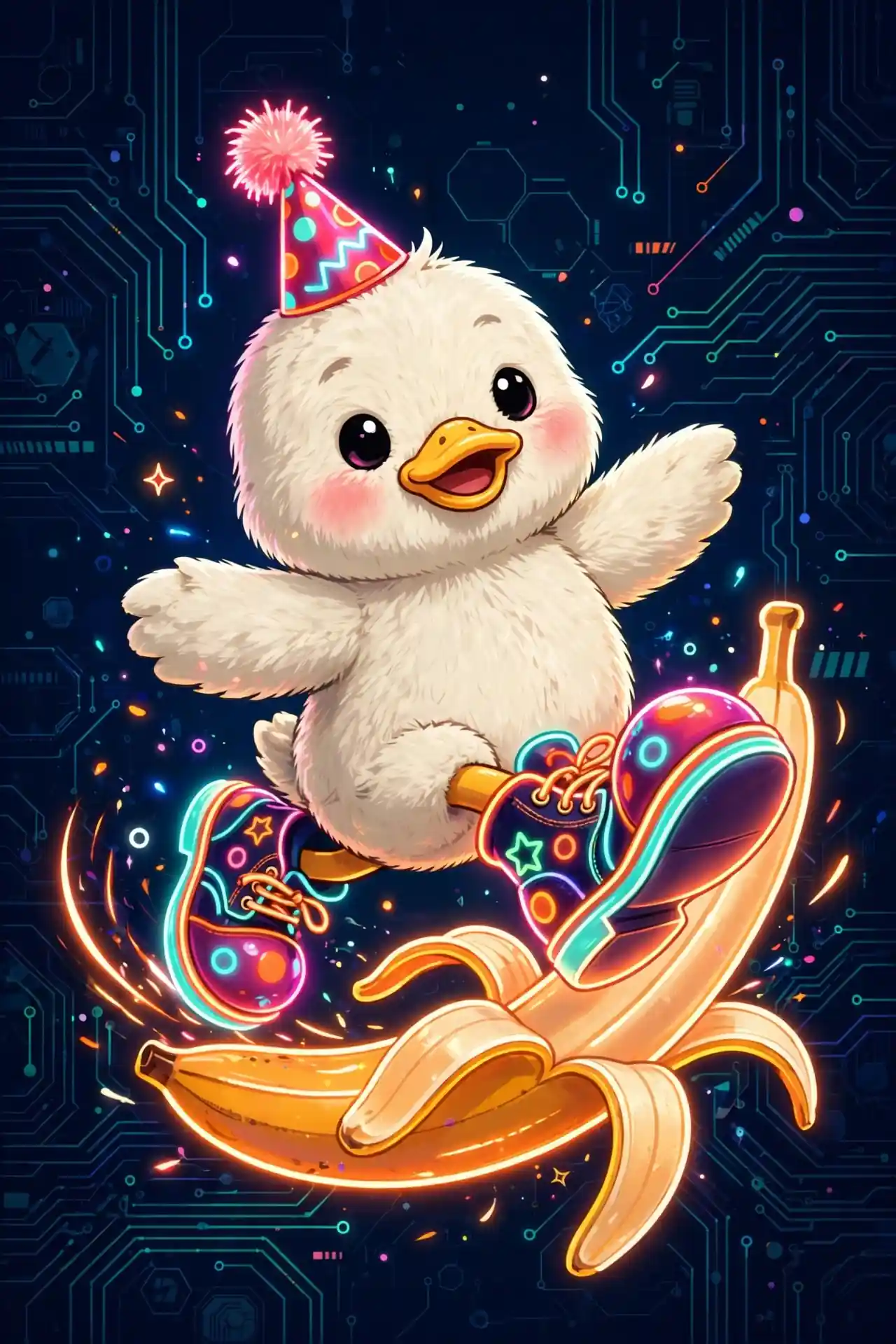 Cute duck in oversized glowing clown shoes — ridiculous, a playful stupid synonym