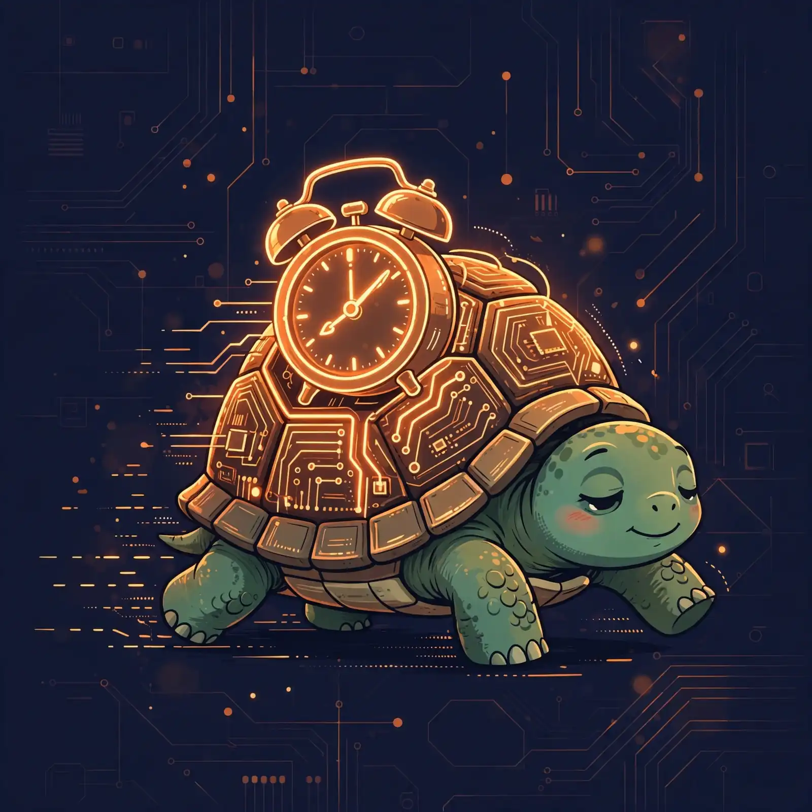 Cute tortoise carrying a glowing alarm clock — slow, a gentler stupid synonym about taking time to understand