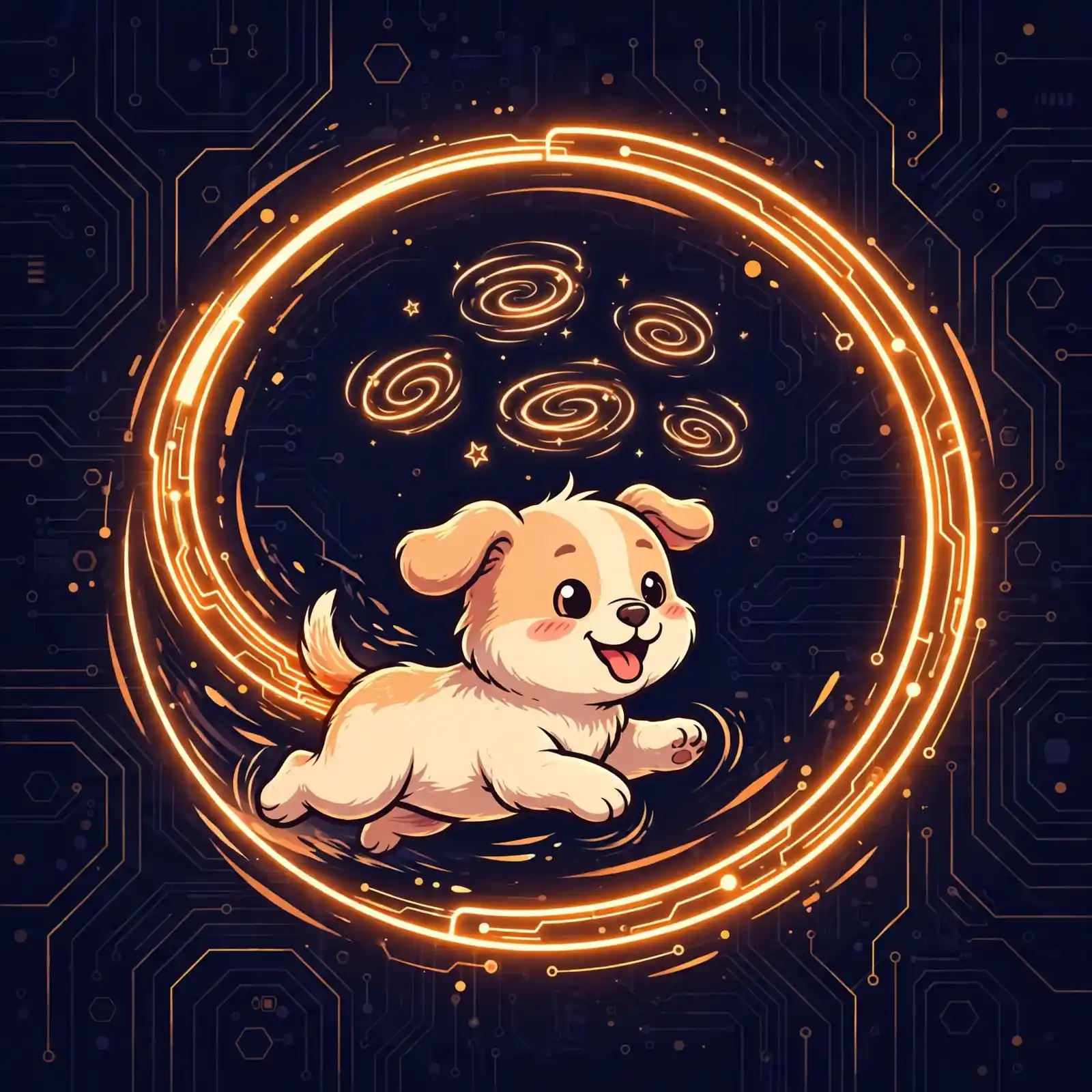 Cute puppy chasing its own glowing tail — daft, a fond and silly stupid synonym