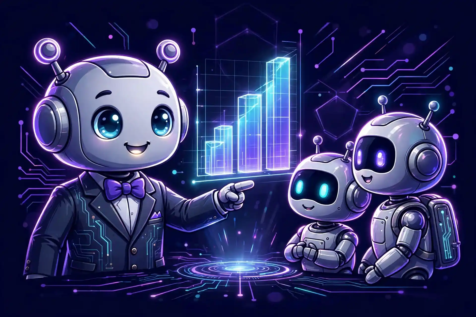Robot presenting a rising chart, showing formal success synonyms like achievement, attainment and prosperity