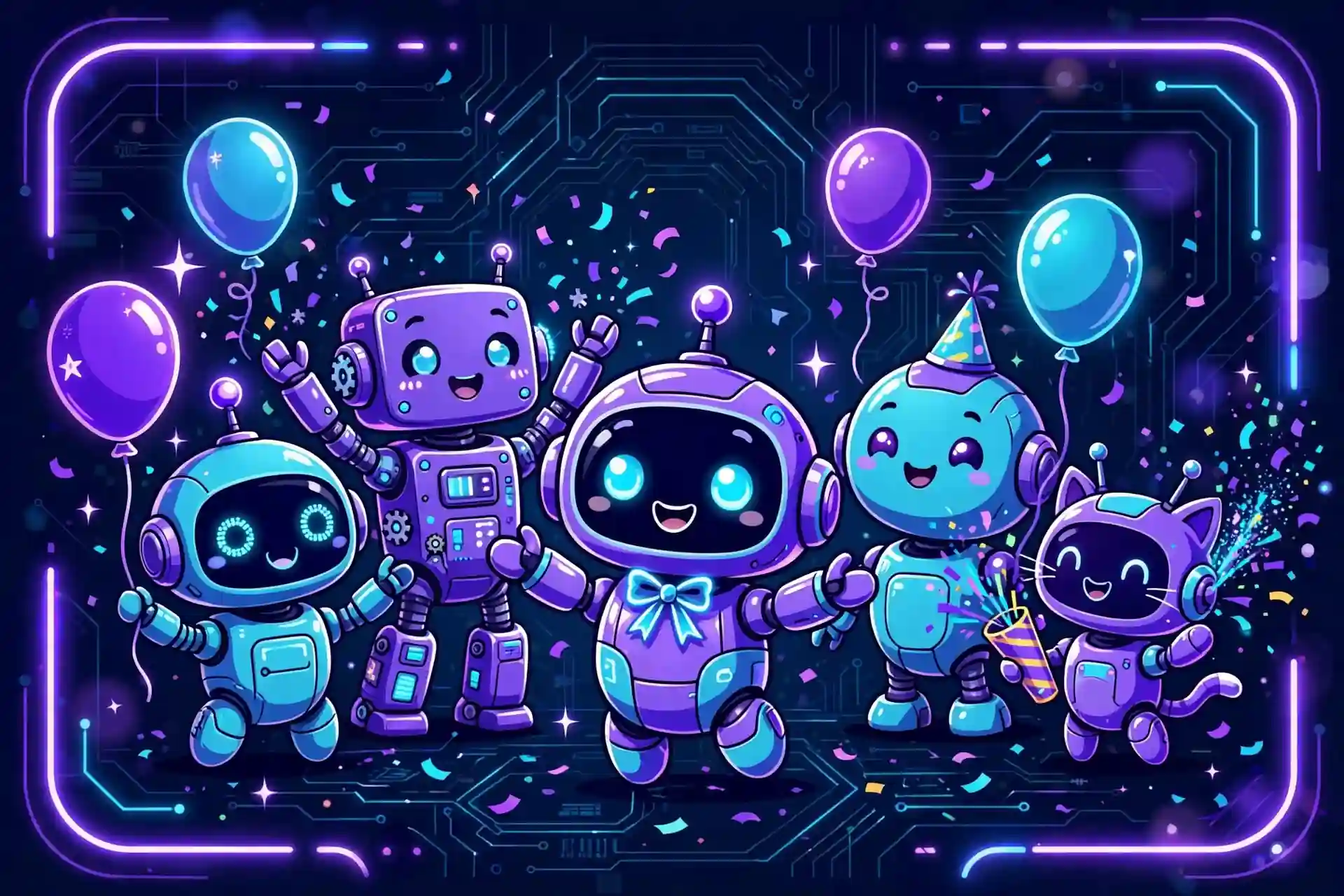Happy robots celebrating, showing casual success synonyms like win, hit and triumph in everyday talk