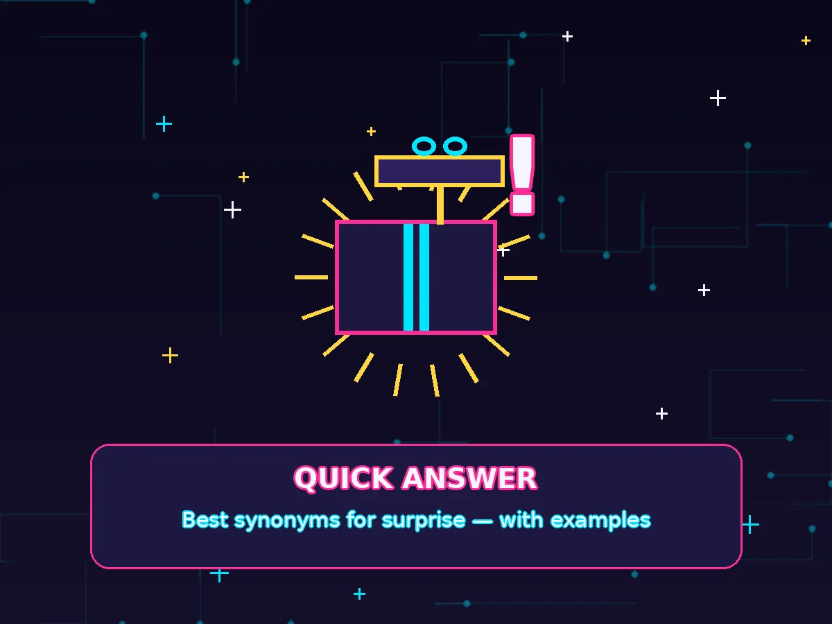 Quick answer card showing the best surprise synonyms: amazement, astonishment, revelation, and bombshell