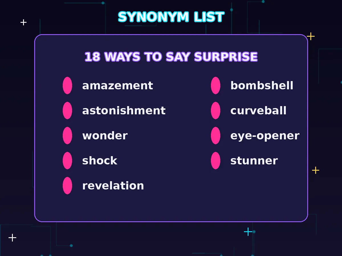 Neon card listing 18 surprise synonyms including amazement, astonishment, wonder, shock, and revelation