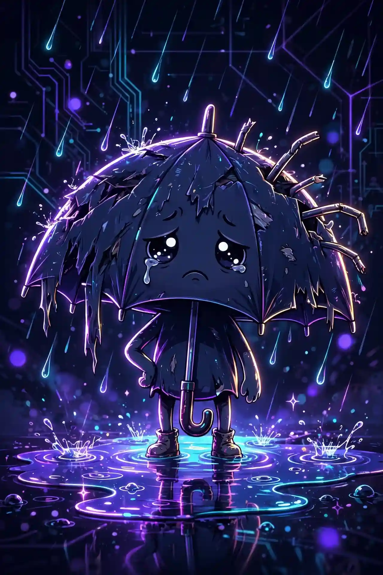 Awful synonym for terrible — a broken umbrella character standing in a glowing rain puddle