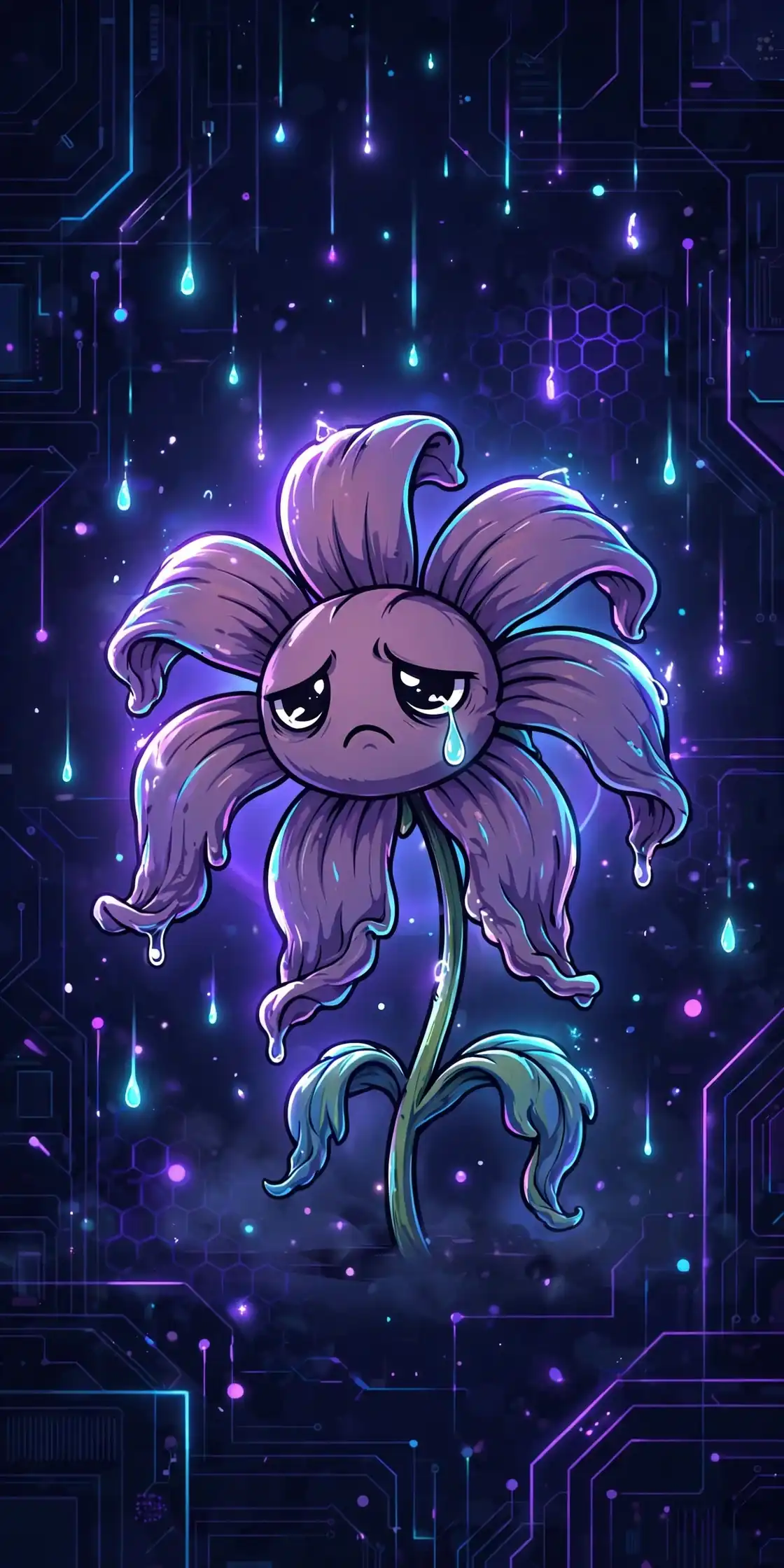 Miserable synonym for terrible — a wilted flower character looking sad under neon rain