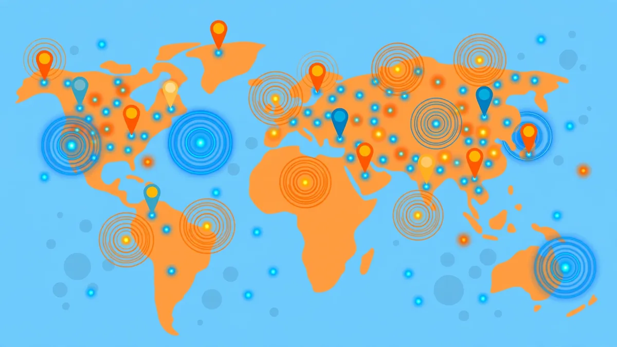 World map dotted with colorful pins all over every continent, illustrating a throughout synonym for places
