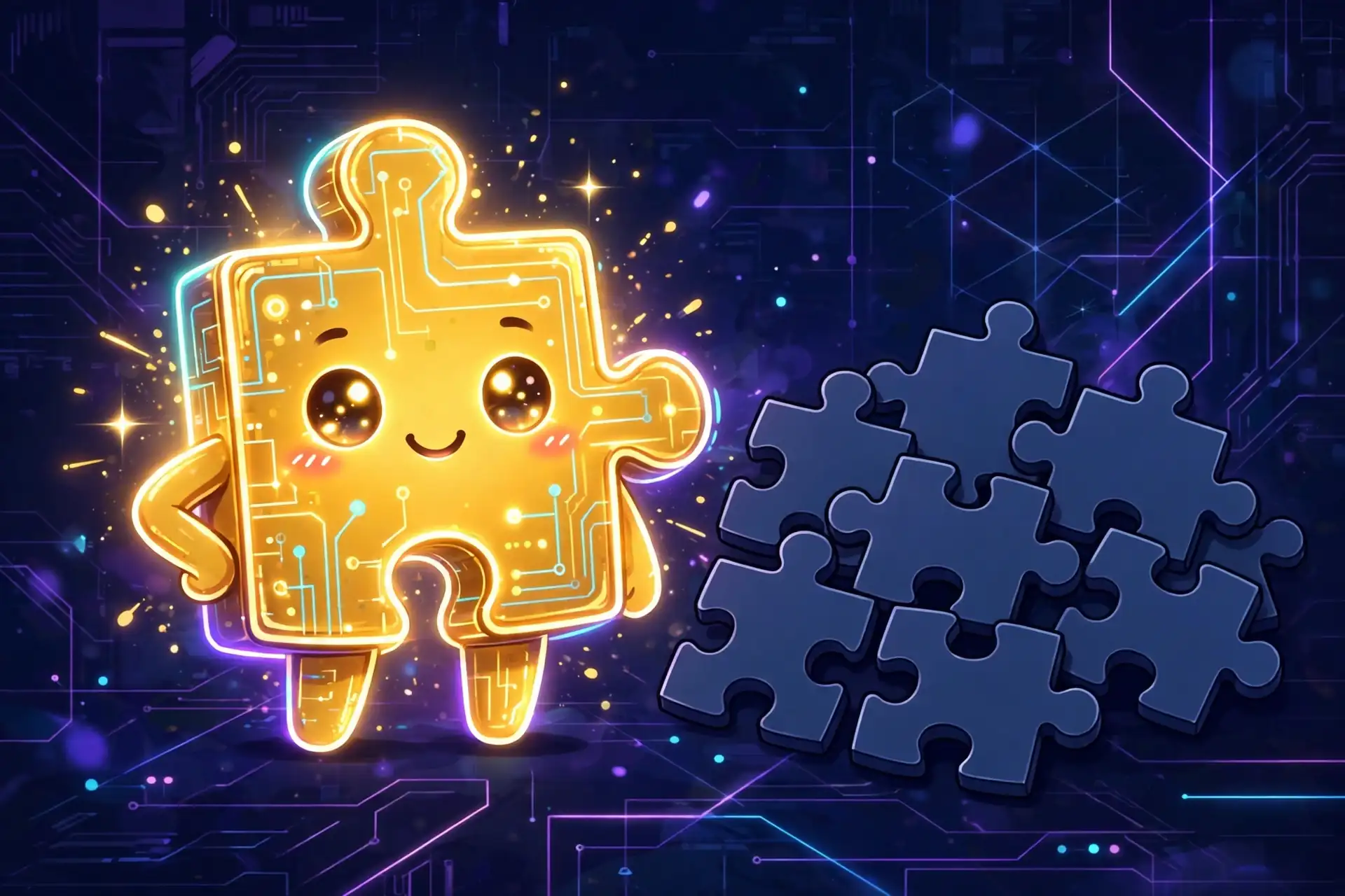 Cute glowing golden puzzle piece character standing out among dark blue pieces — one-of-a-kind, a true unique synonym
