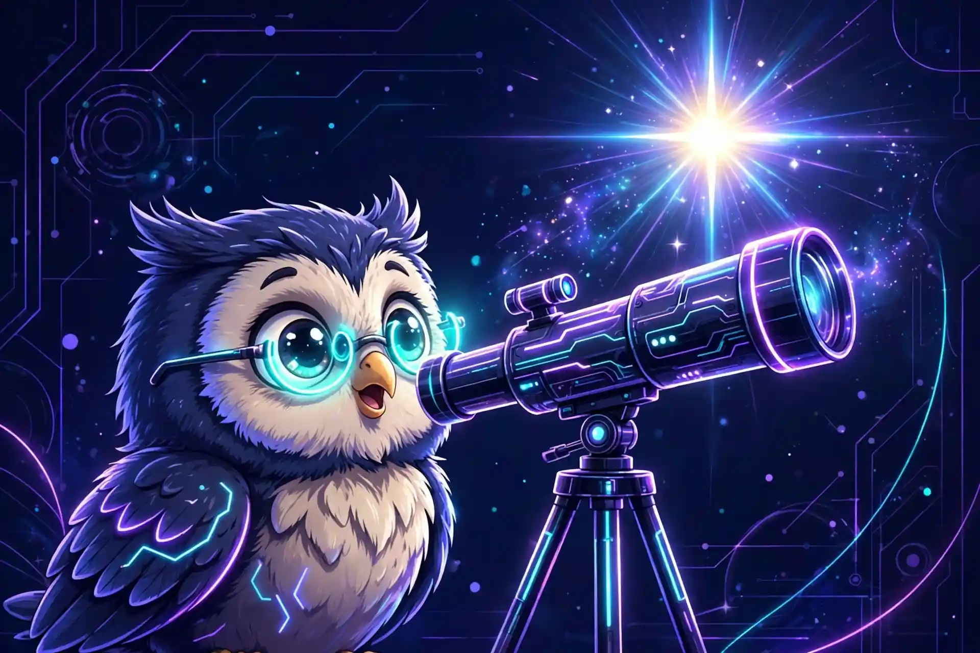 Cute owl with a glowing telescope spotting a bright star — remarkable, a noteworthy unique synonym