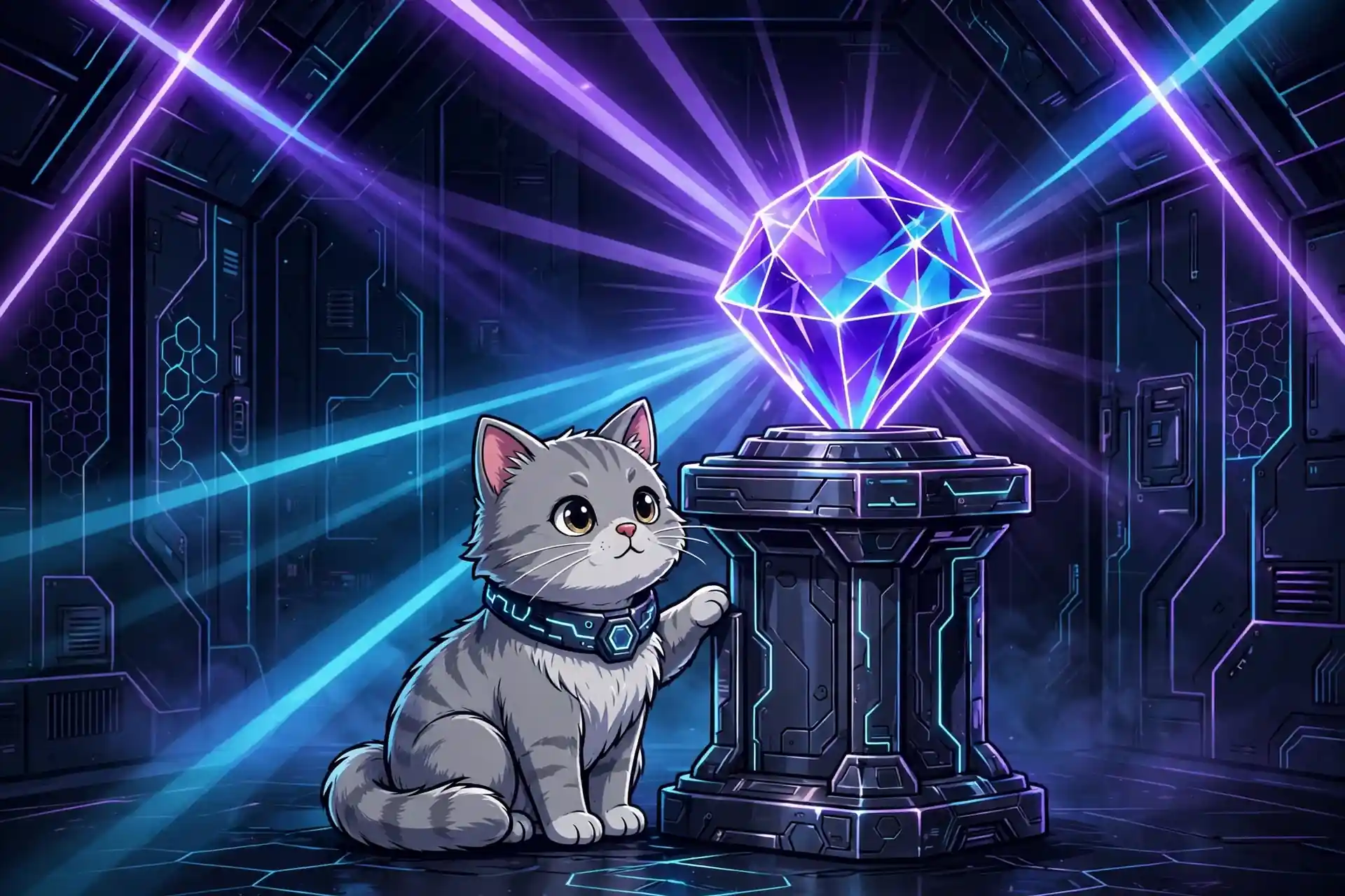 Cute cat guarding a single glowing gem in a dark vault — irreplaceable, a unique synonym beyond replacement