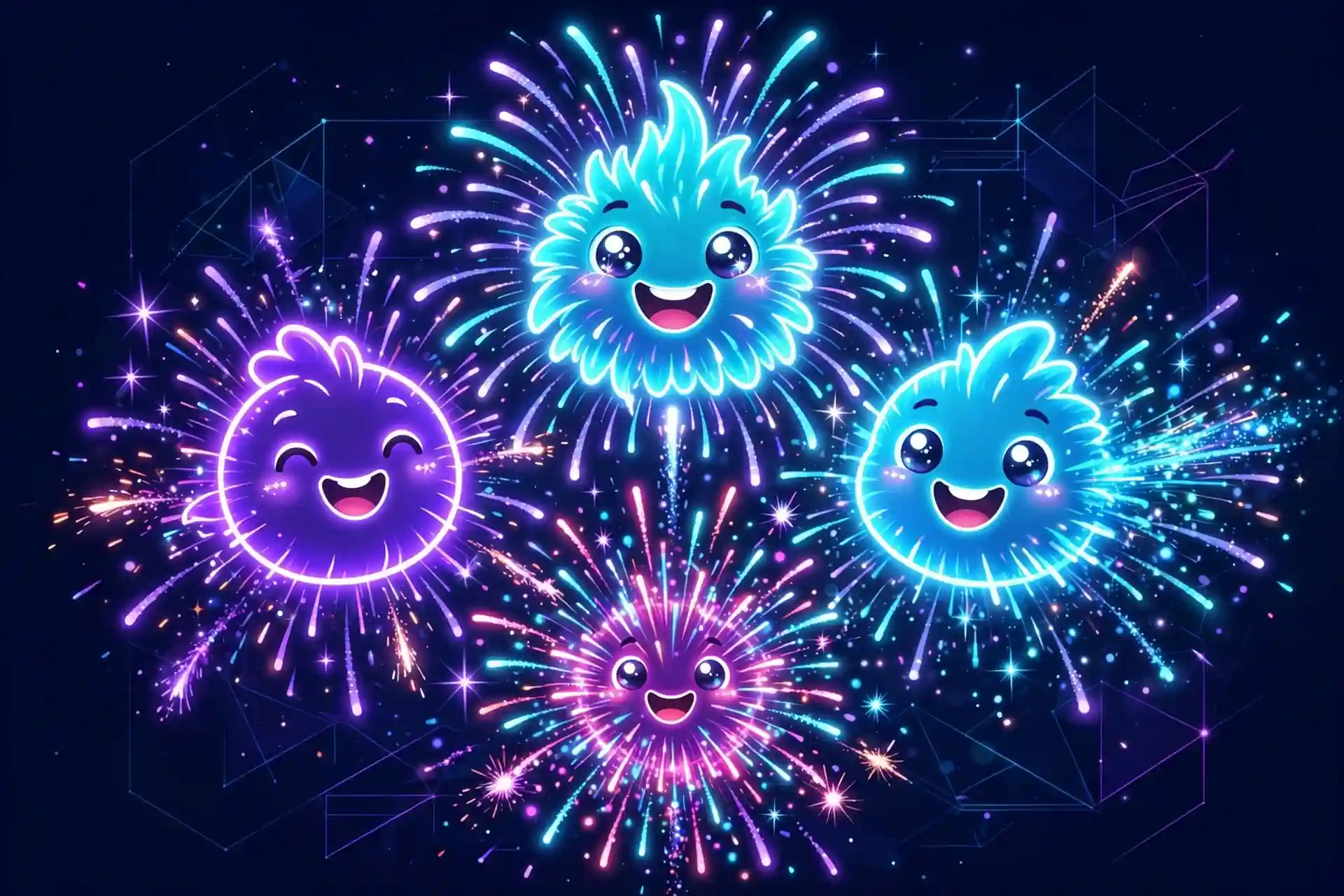 Fantastic synonym for wonderful — glowing firework characters bursting in a neon night sky