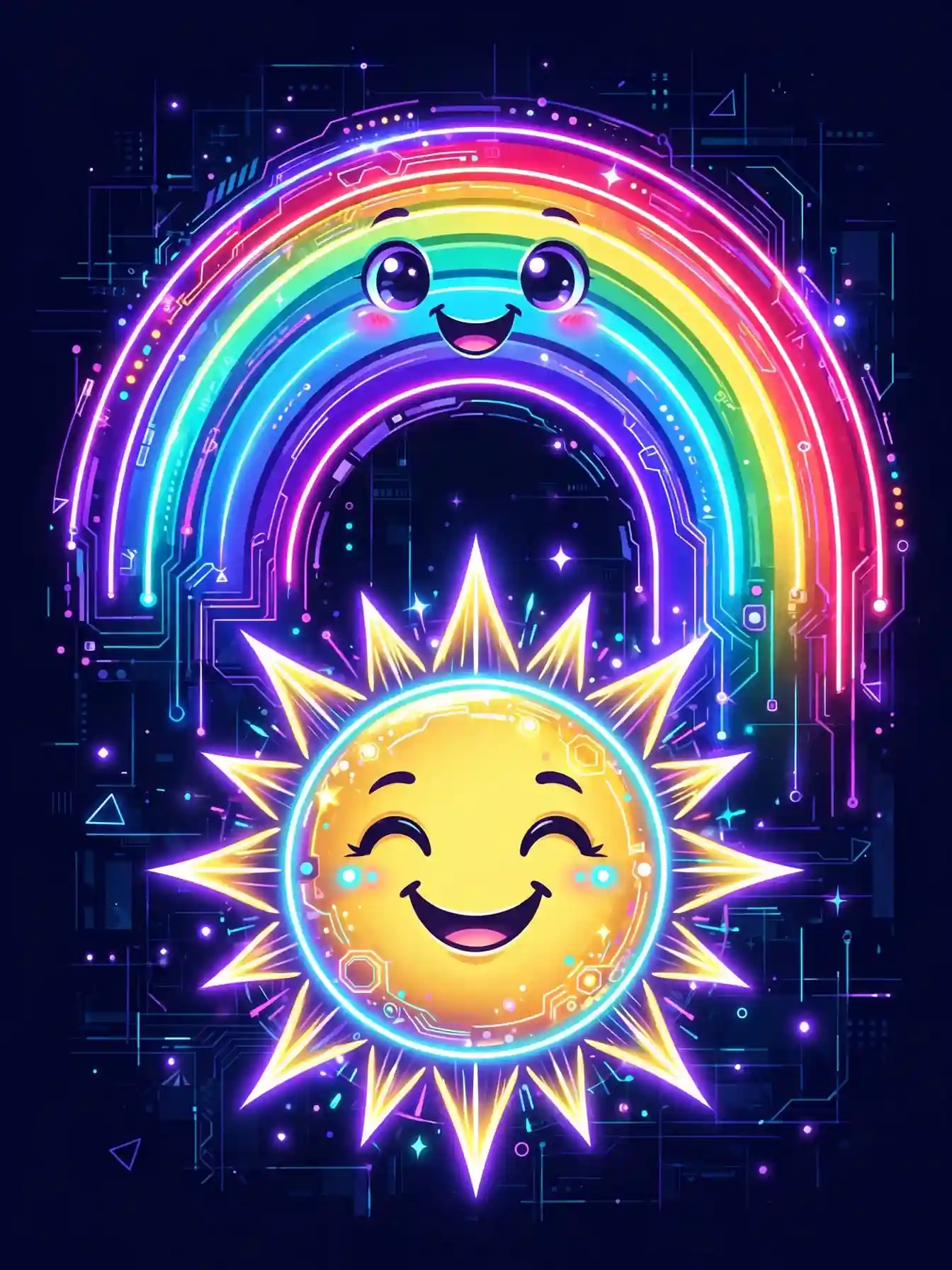 Marvelous synonym for wonderful — a smiling rainbow and sun character glowing in neon colors