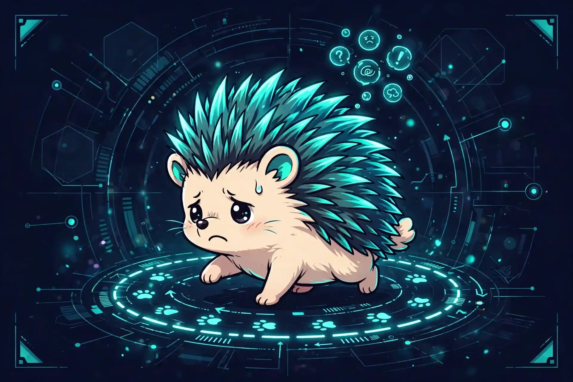 Cute hedgehog fretting and pacing with glowing thought bubbles — illustrating fret, a worry synonym