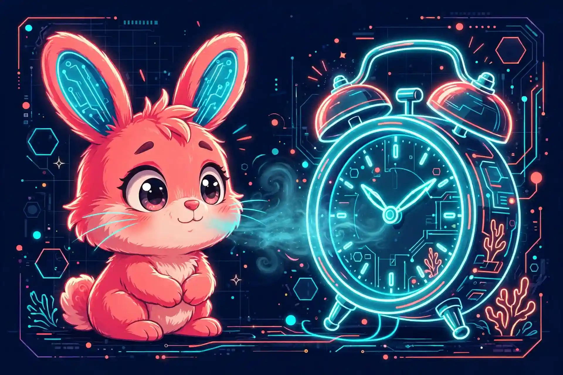 Cute bunny taking a deep breath beside a glowing alarm clock — illustrating panic, a worry synonym
