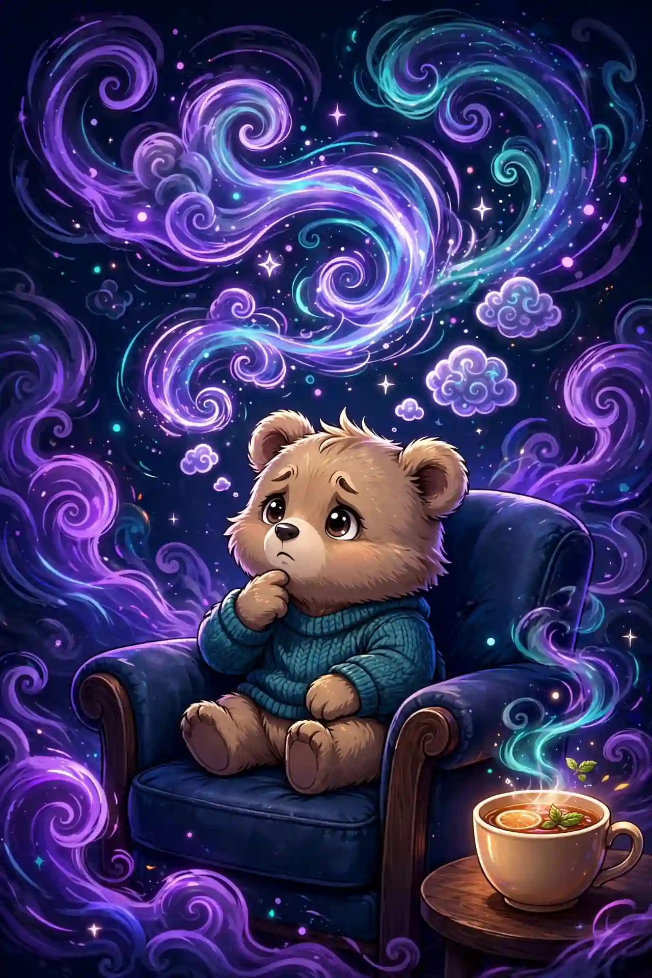 Cute bear cub stewing in a cozy chair with swirling glowing thought clouds — illustrating stew, a worry synonym